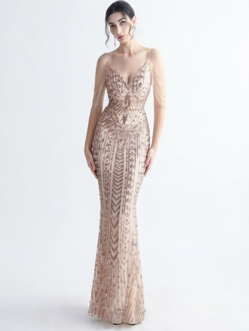 Elegant Gold Sequin Maxi Dress with Draped Shoulder Chains